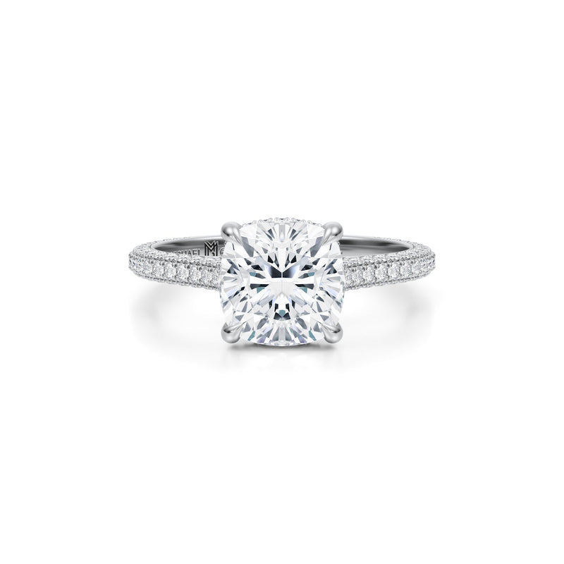 Cushion Trio Pave Cathedral Ring With Low Pave Basket  (2.70 Carat E-VS1)