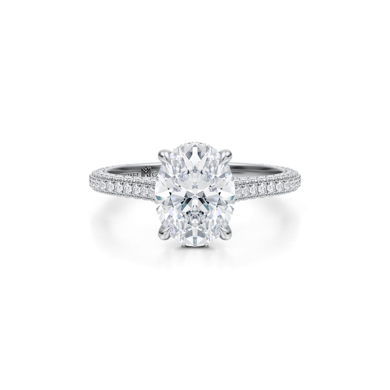 Oval Trio Pave Cathedral Ring With Low Pave Basket  (1.50 Carat E-VS1)