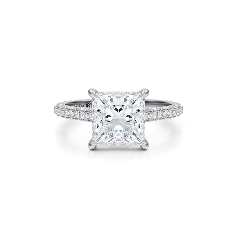 Princess Trio Pave Cathedral Ring With Low Pave Basket  (3.20 Carat E-VVS2)