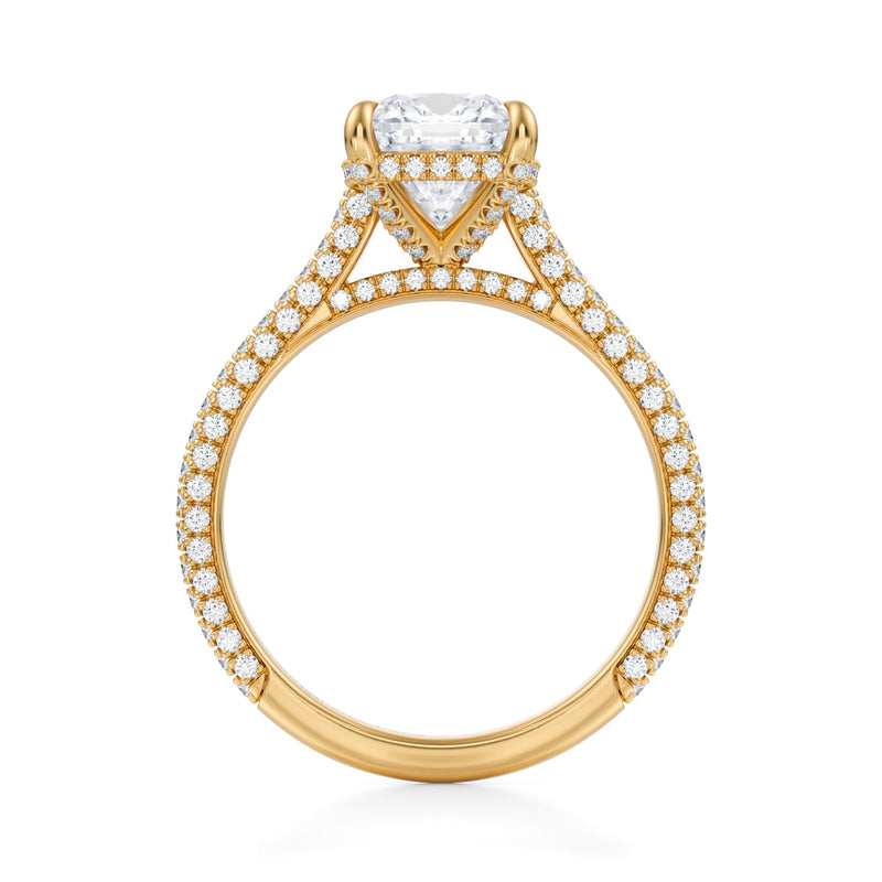 Cushion Trio Pave Cathedral Ring With Pave Basket