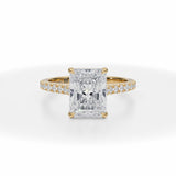 Lab Grown Diamond Radiant Cut Pave Cathedral Ring With Pave Basket in Yellow Gold