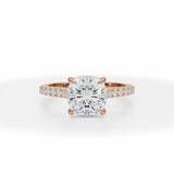 Lab Grown Diamond Cushion Cut Pave Cathedral Ring With Pave Basket in Pink Gold