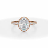 Lab Grown Diamond Oval Knife Edge Halo With Trio Pave Ring in Pink Gold