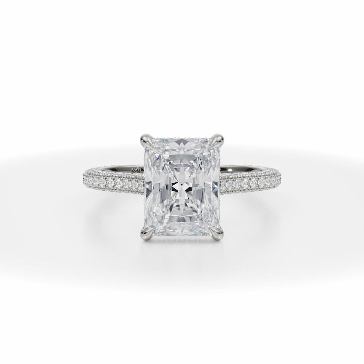 Lab Grown Diamond Radiant Trio Pave Cathedral Ring With Low Pave Basket in White Gold