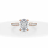 Lab Grown Diamond Oval Trio Pave Cathedral Ring With Low Pave Basket in Pink Gold