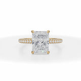 Radiant  Cut Lab Grown Diamonds Invisible Halo With Trio Pave Ring in Yellow Gold