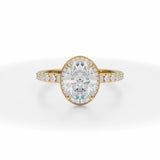 Oval Lab Grown Diamond Knife Edge Halo With Pave Ring in Yellow Gold