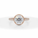 Round Lab Grown Diamond Knife Edge Halo With Trio Pave Ring in Pink Gold