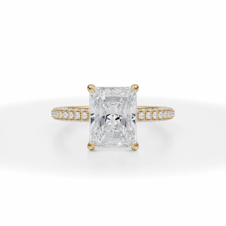 Radiant Cut Lab Grown Diamonds Trio Pave Ring With Pave Prongs in Yellow Gold