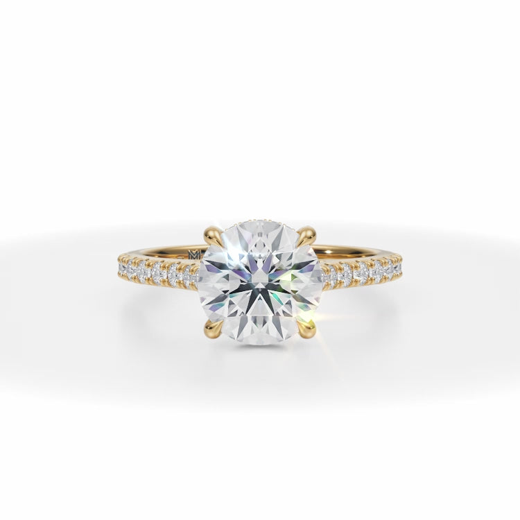 Lab Grown Diamond Round Pave Cathedral Ring With Pave Basket in Yellow Gold