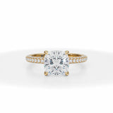 Lab Grown Diamond Cushion Trio Pave Ring With Pave Prongs in Yellow Gold