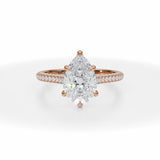 Lab Grown Diamond Pear Trio Pave Cathedral Ring With Pave Basket in Pink Gold