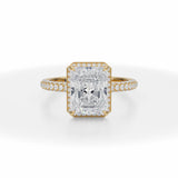 Lab Grown Diamond Radiant Cut Knife Edge Halo With Trio Pave Ring in Yellow Gold