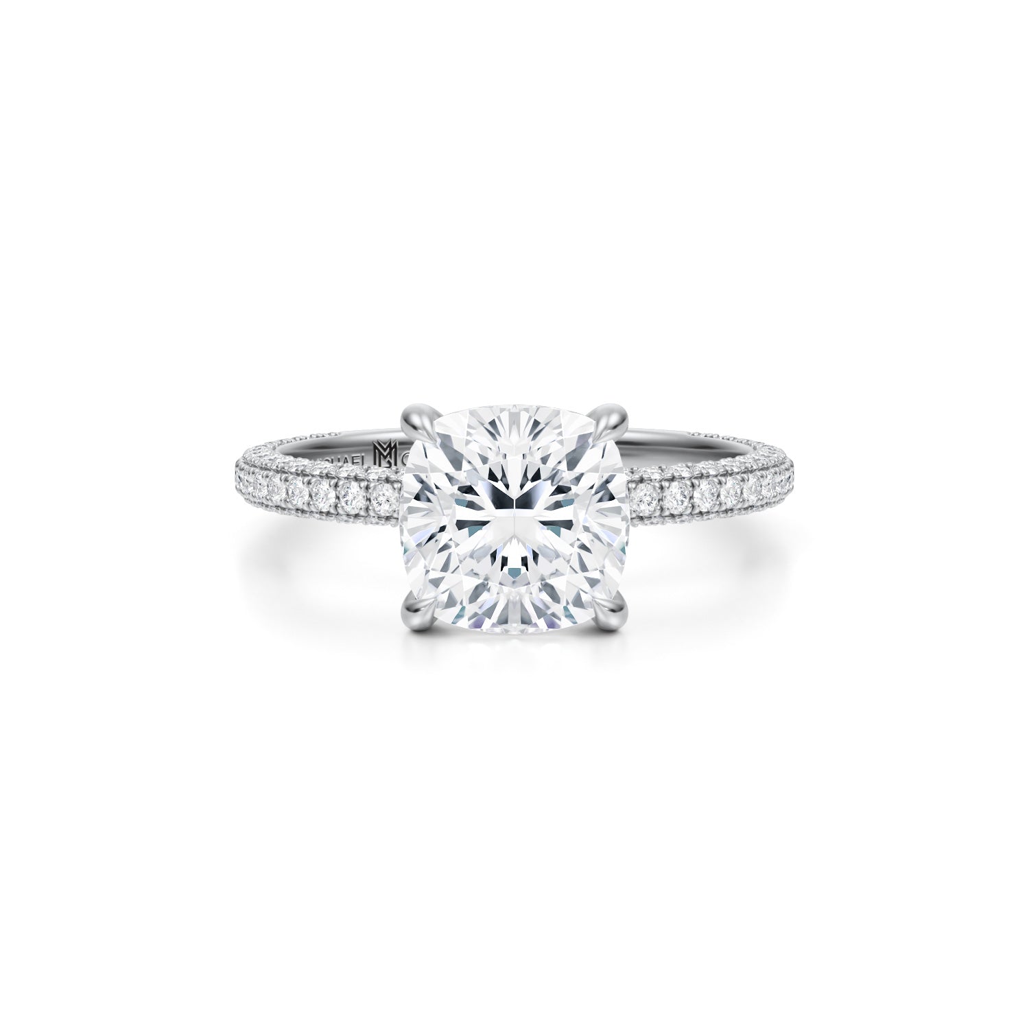Cushion Halo With Cathedral Trio Pave Ring (2.50 Carat F-VVS2) - Michael Gabriels