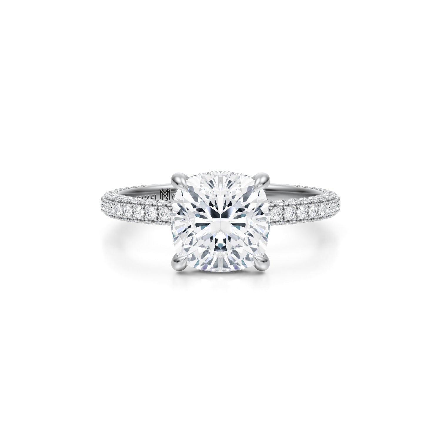 Cushion Invisible Halo With Trio Pave Ring (1.50 Carat F-VS1) - Michael Gabriels
