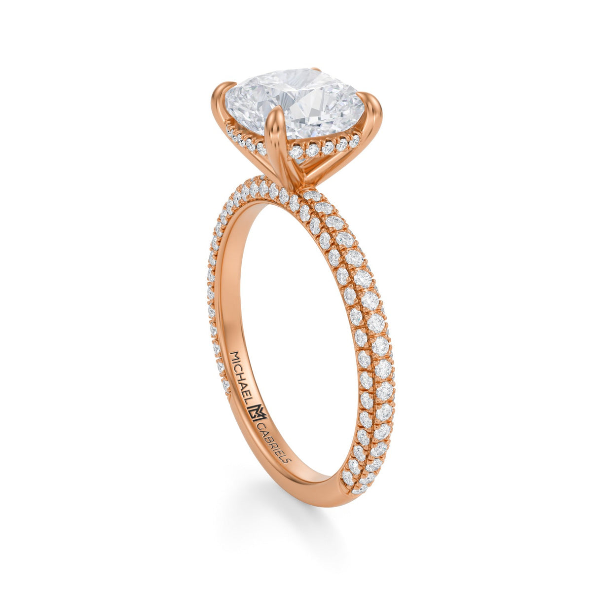 Cushion Invisible Halo With Trio Pave Ring (3.70 Carat F-VS1) - Michael Gabriels