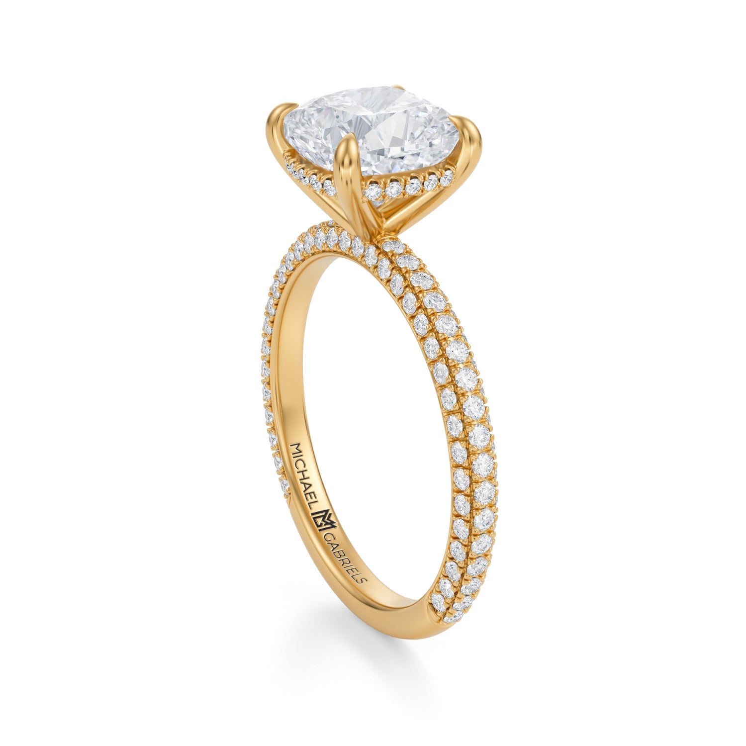 Cushion Invisible Halo With Trio Pave Ring (3.70 Carat F-VS1) - Michael Gabriels