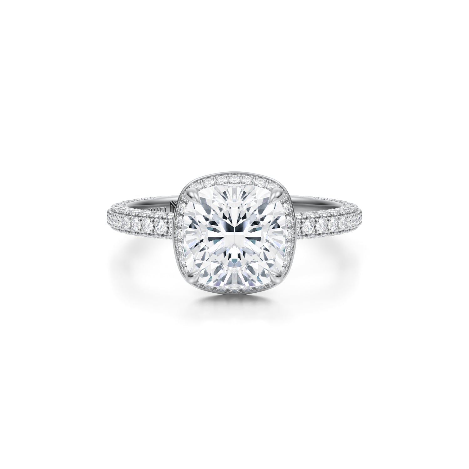 Cushion Knife Edge Halo With Trio Pave Ring (2.40 Carat E-VVS2) - Michael Gabriels
