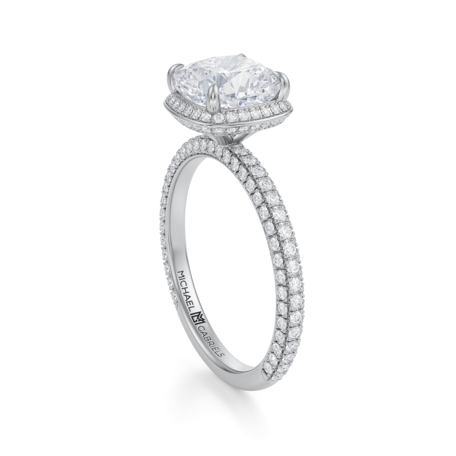 Cushion Knife Edge Halo With Trio Pave Ring (2.50 Carat E-VVS2) - Michael Gabriels