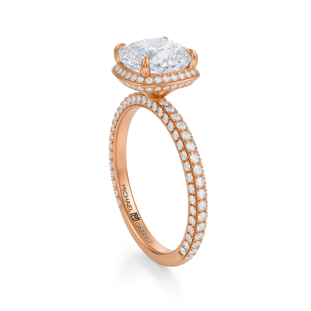Cushion Knife Edge Halo With Trio Pave Ring (3.70 Carat E-VVS2) - Michael Gabriels