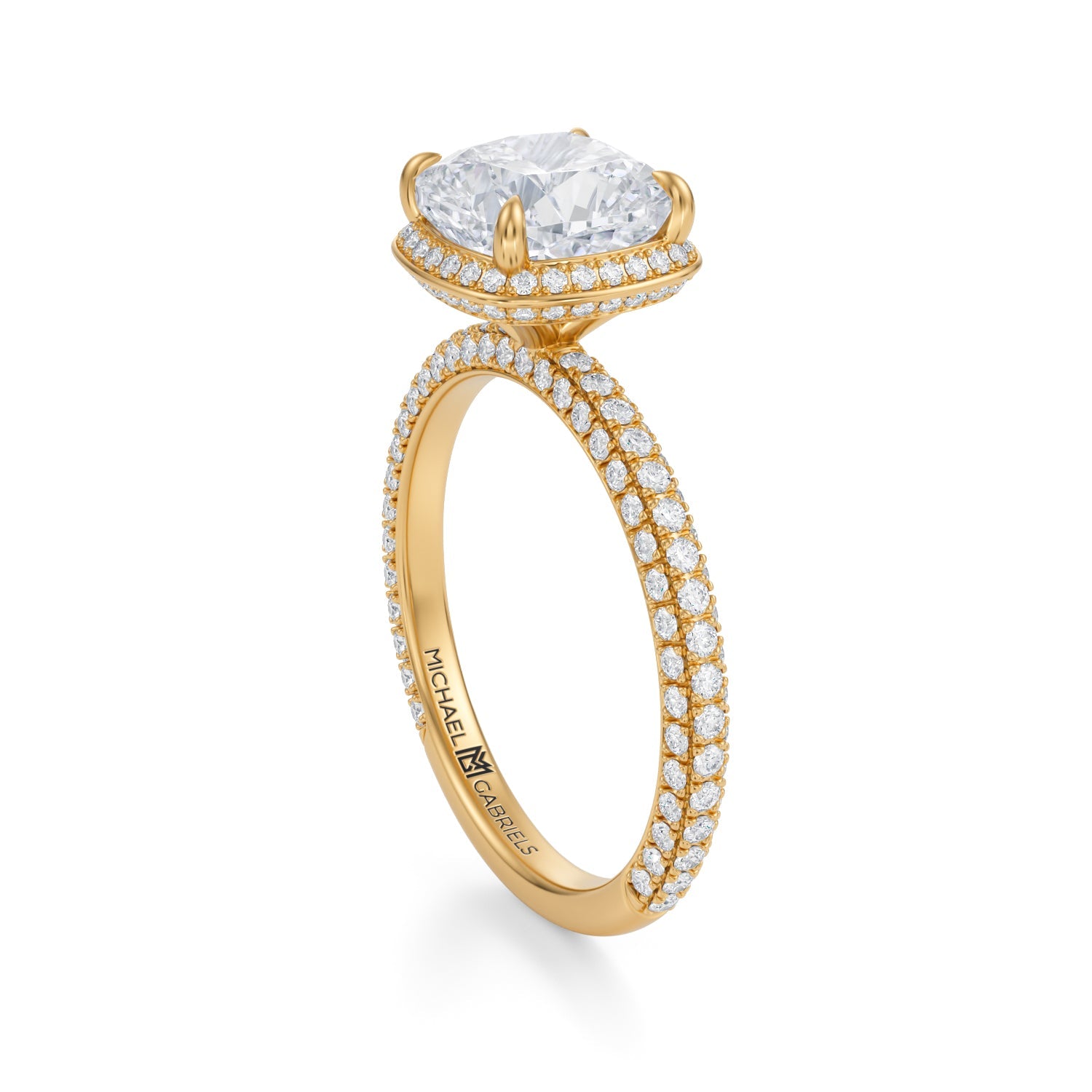 Cushion Knife Edge Halo With Trio Pave Ring (3.70 Carat E-VVS2) - Michael Gabriels