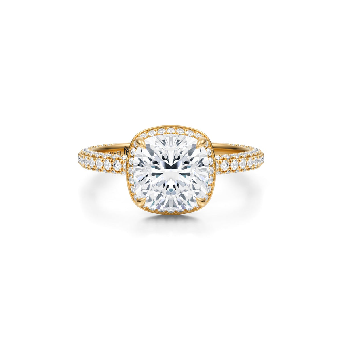 Cushion Knife Edge Halo With Trio Pave Ring (3.70 Carat E-VVS2) - Michael Gabriels