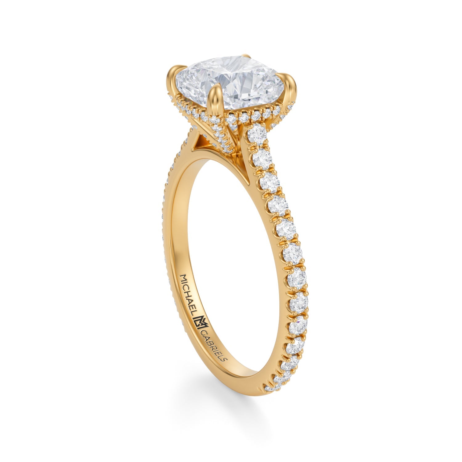 Cushion Pave Cathedral Ring With Pave Basket (2.40 Carat D-VVS2) - Michael Gabriels