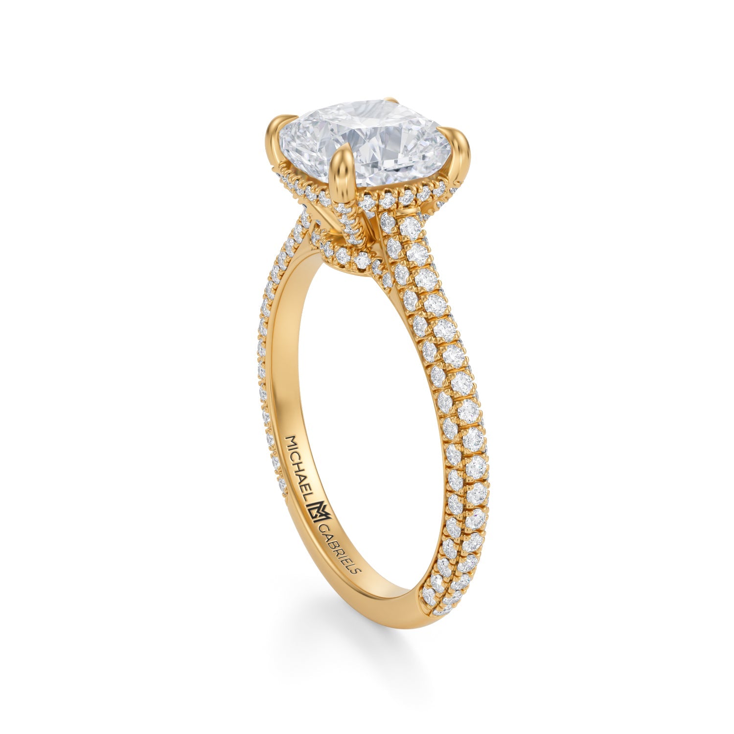 Cushion Trio Pave Cathedral Ring With Low Pave Basket (2.70 Carat D-VVS2) - Michael Gabriels