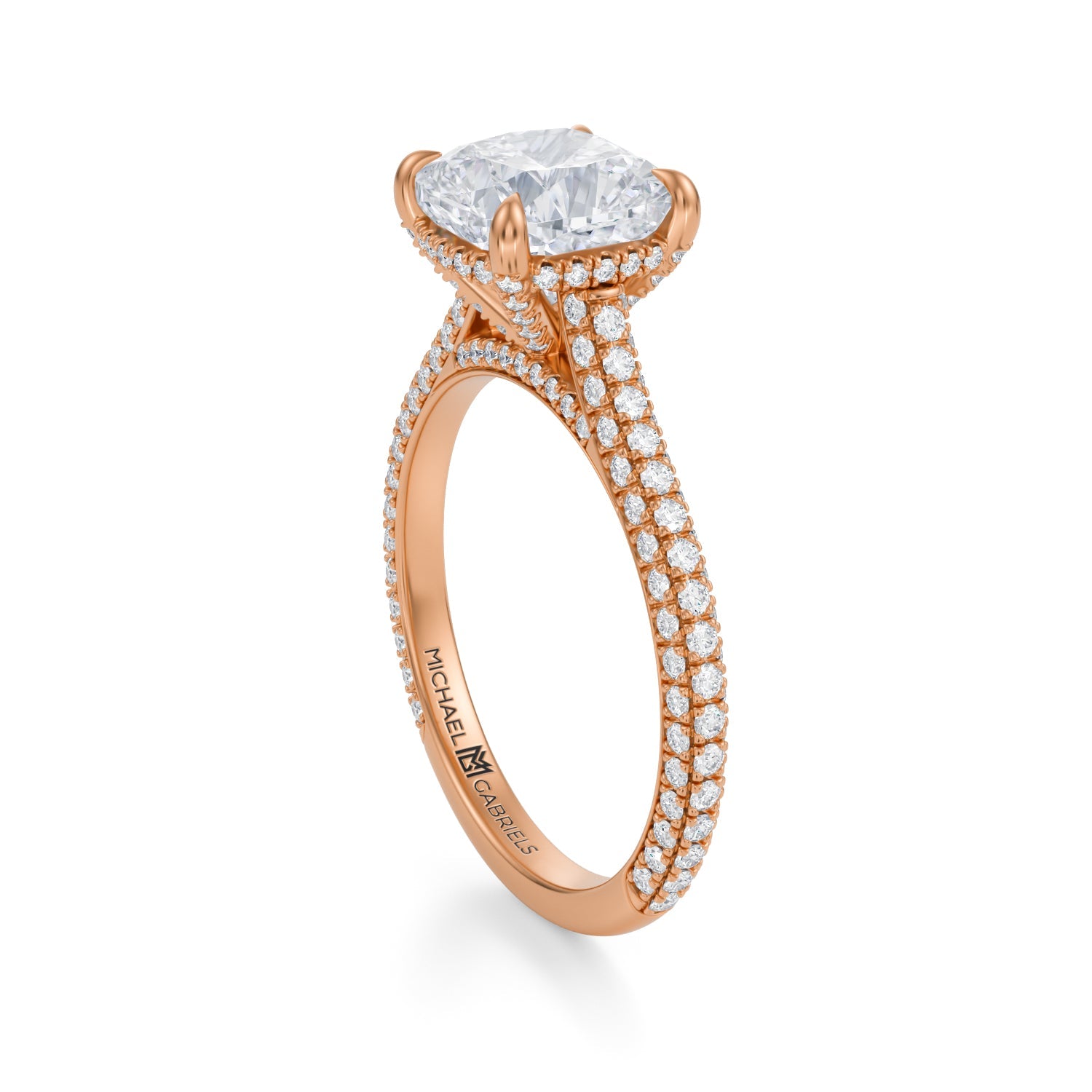 Cushion Trio Pave Cathedral Ring With Pave Basket (2.00 Carat D-VVS2) - Michael Gabriels