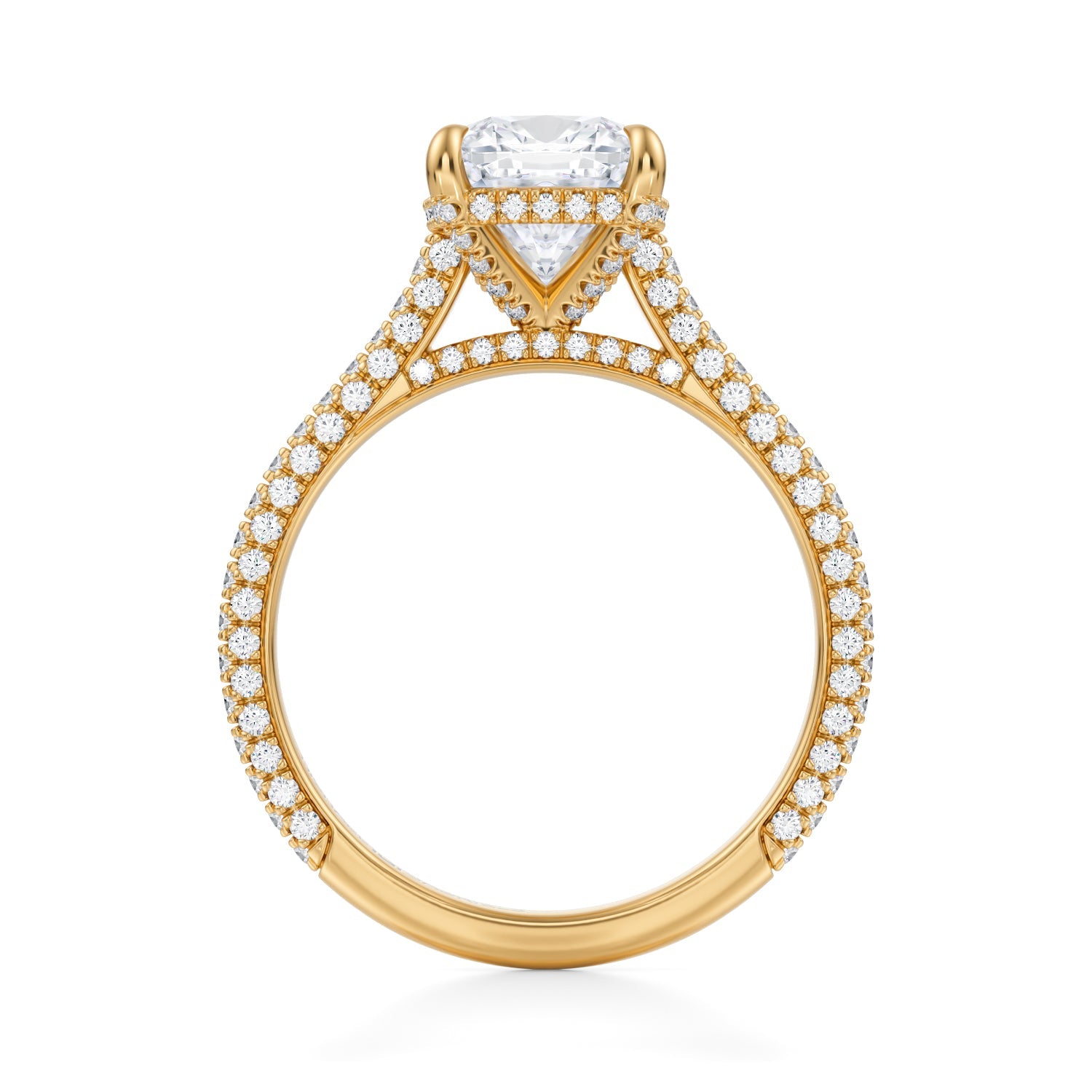 Cushion Trio Pave Cathedral Ring With Pave Basket (2.00 Carat D-VVS2) - Michael Gabriels