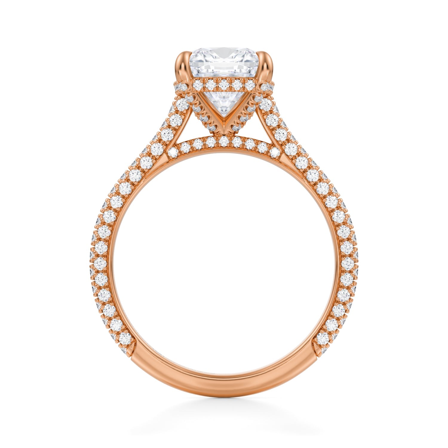 Cushion Trio Pave Cathedral Ring With Pave Basket (2.00 Carat D-VVS2) - Michael Gabriels