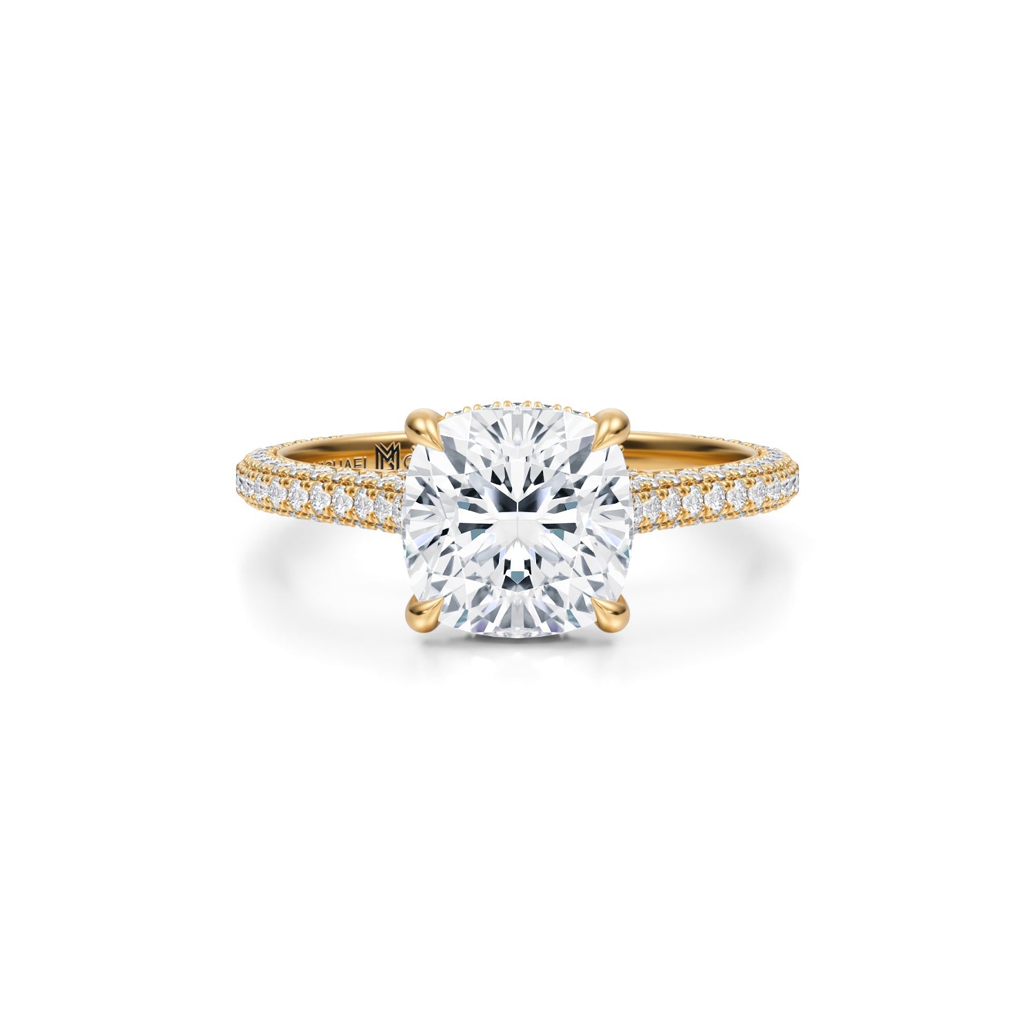 Cushion Trio Pave Cathedral Ring With Pave Basket (2.00 Carat D-VVS2) - Michael Gabriels