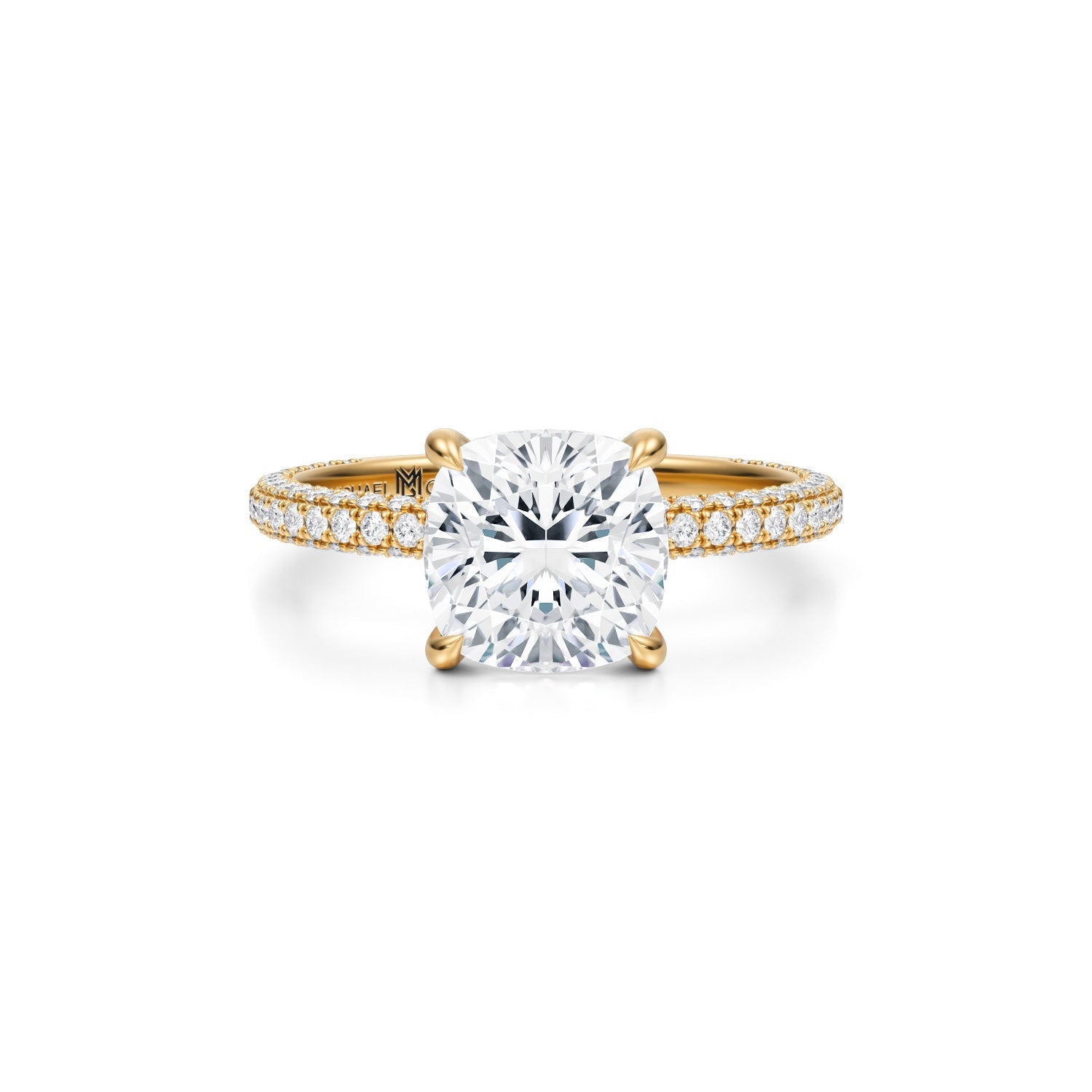 Cushion Trio Pave Ring With Pave Prongs (3.50 Carat E-VVS2) - Michael Gabriels