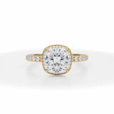Lab Grown Diamond Cushion Cut Knife Edge Halo With Pave Ring in Yellow Gold