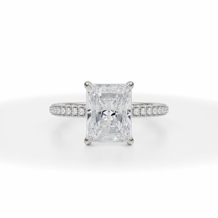 Radiant Cut Lab Grown Diamonds Trio Pave Ring With Pave Prongs in White Gold