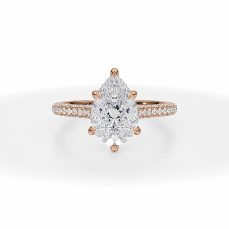 Lab Grown Diamond Pear Trio Pave Cathedral Ring With Low Pave Basket in Pink Gold