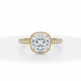 Lab Grown Diamond Cushion Cut Knife Edge Halo With Trio Pave Ring in Yellow Gold