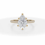 Lab Grown Diamond Pear Trio Pave Cathedral Ring With Low Pave Basket in Yellow Gold