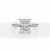 Radiant  Cut Lab Grown Diamonds Invisible Halo With Trio Pave Ring in White Gold