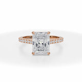 Lab Grown Diamond Radiant Cut Pave Cathedral Ring With Pave Basket in Pink Gold