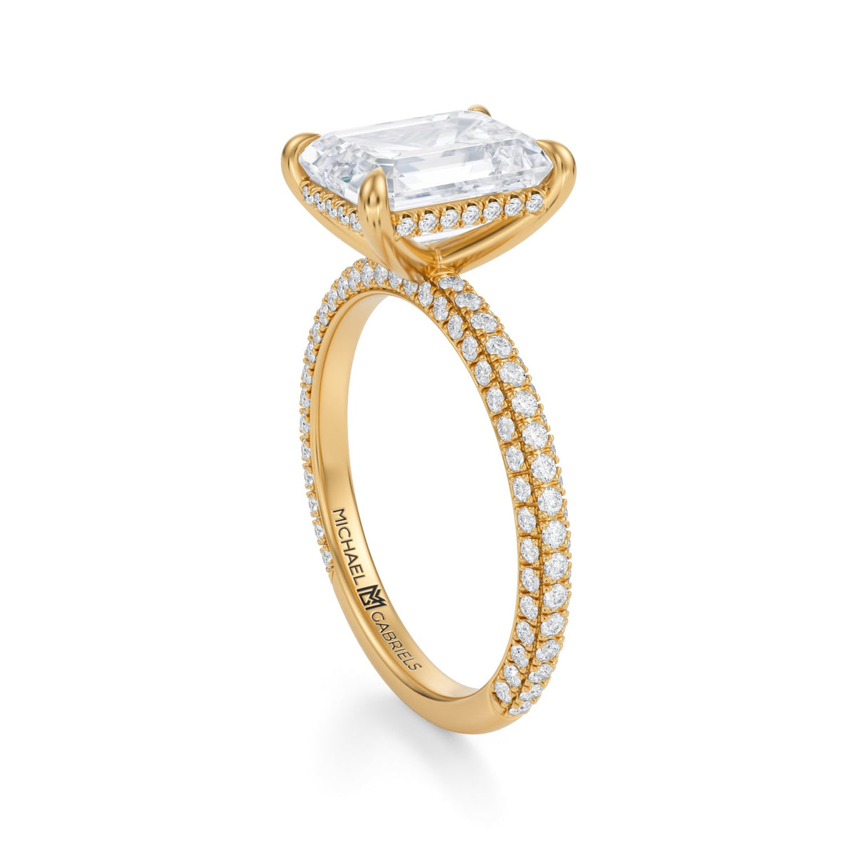 Emerald Invisible Halo With Trio Pave Ring (3.70 Carat F-VS1) - Michael Gabriels