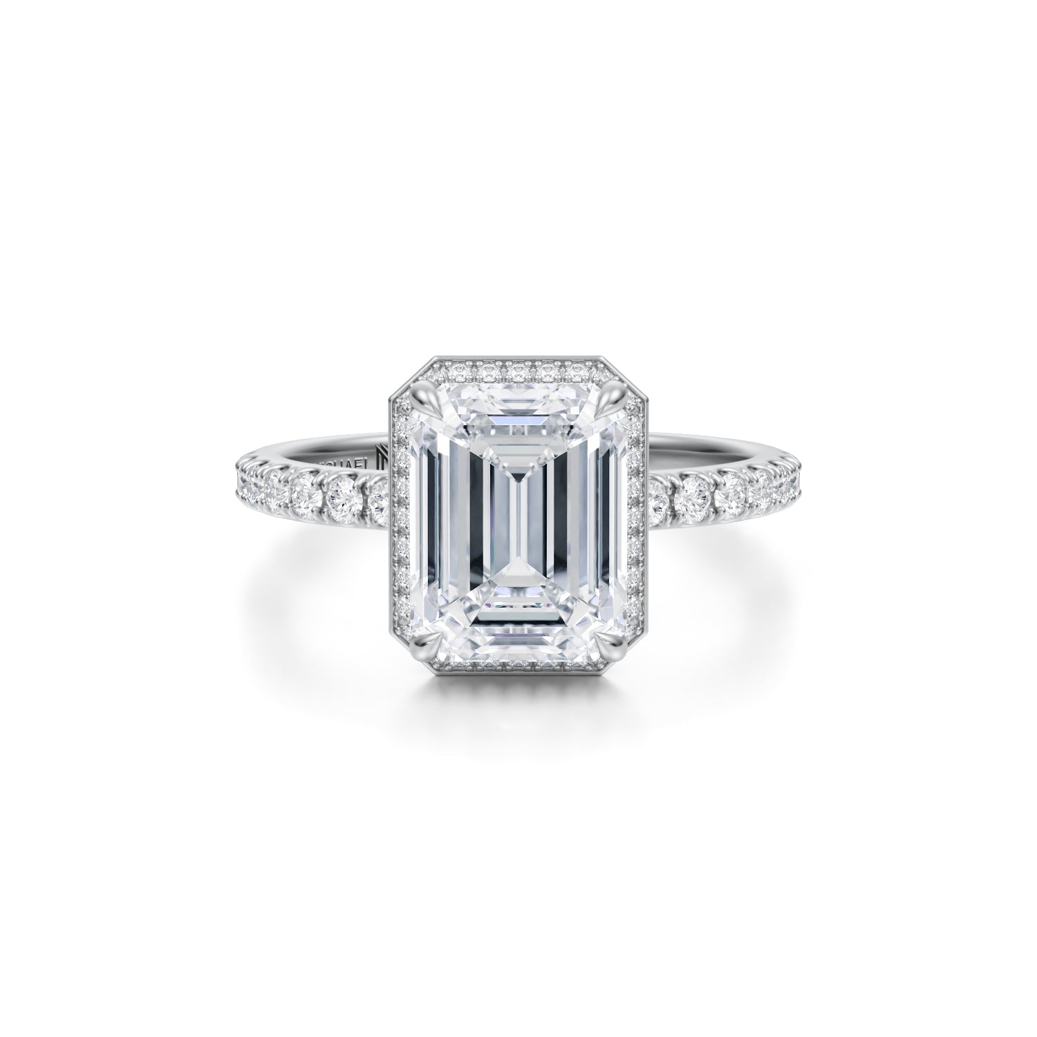 Emerald Knife Edge Halo With Pave Ring (3.00 Carat F-VVS2) - Michael Gabriels