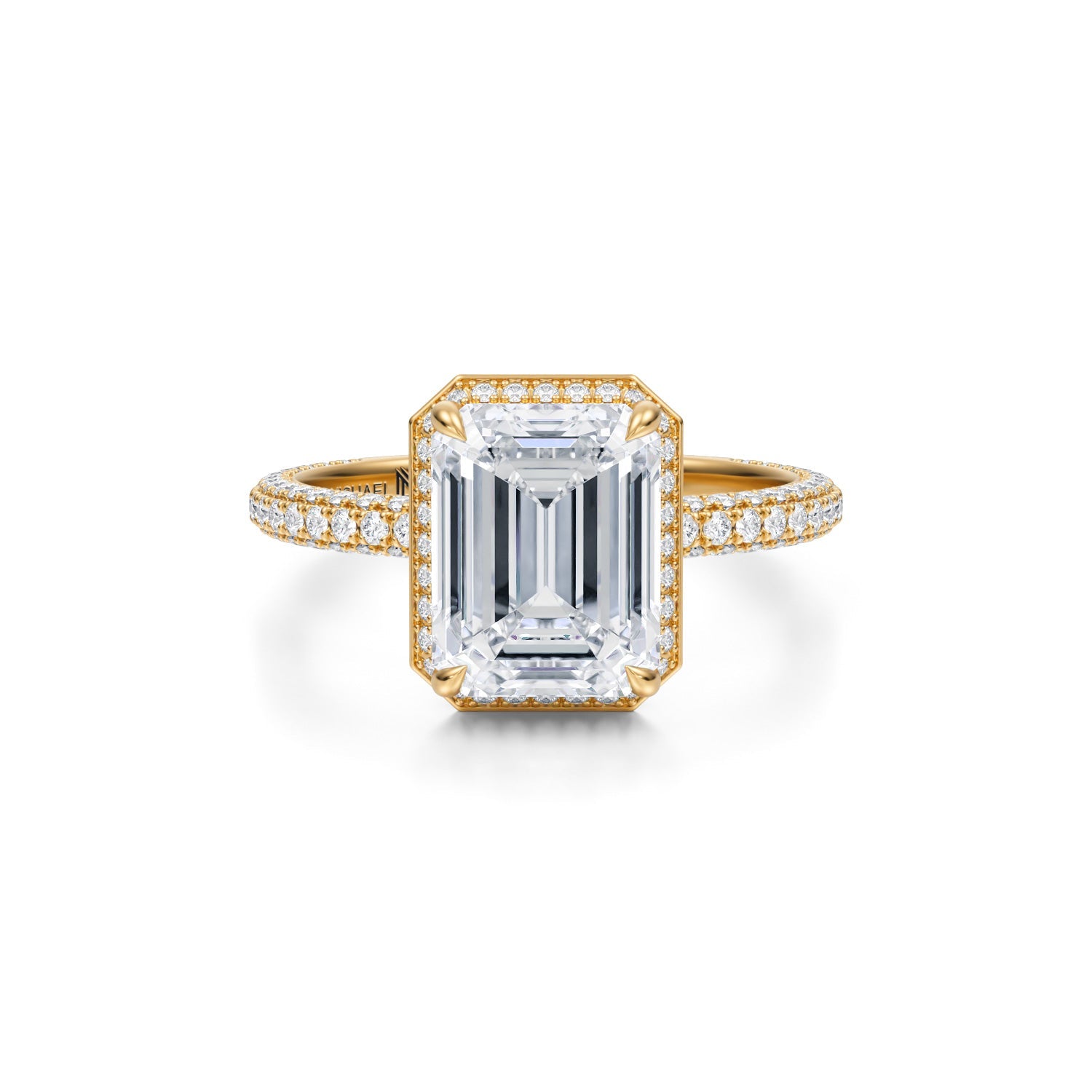 Emerald Knife Edge Halo With Trio Pave Ring (2.70 Carat F-VS1) - Michael Gabriels