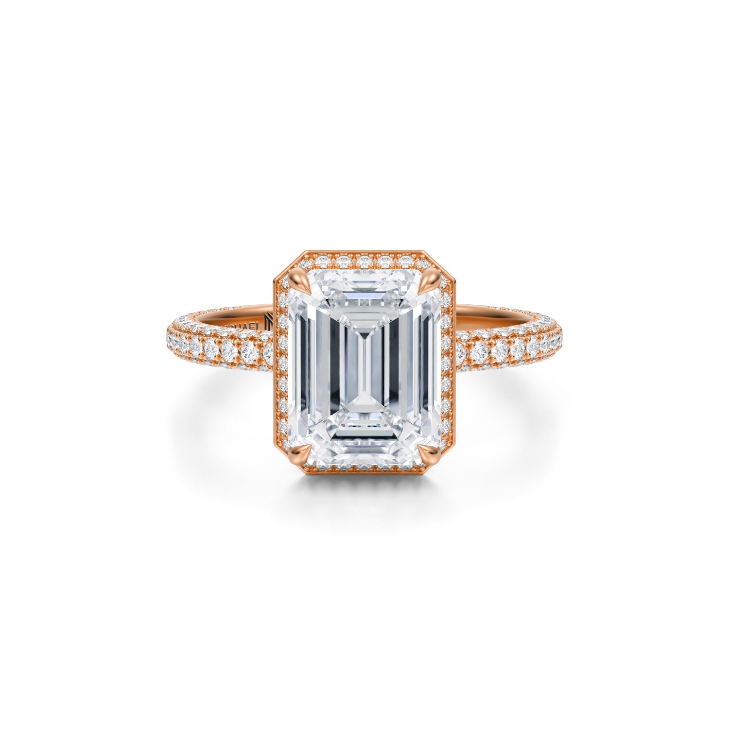 Emerald Knife Edge Halo With Trio Pave Ring (2.70 Carat F-VS1) - Michael Gabriels