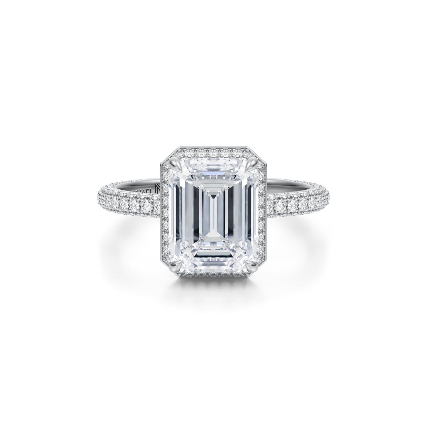 Emerald Knife Edge Halo With Trio Pave Ring (3.50 Carat E-VVS2) - Michael Gabriels