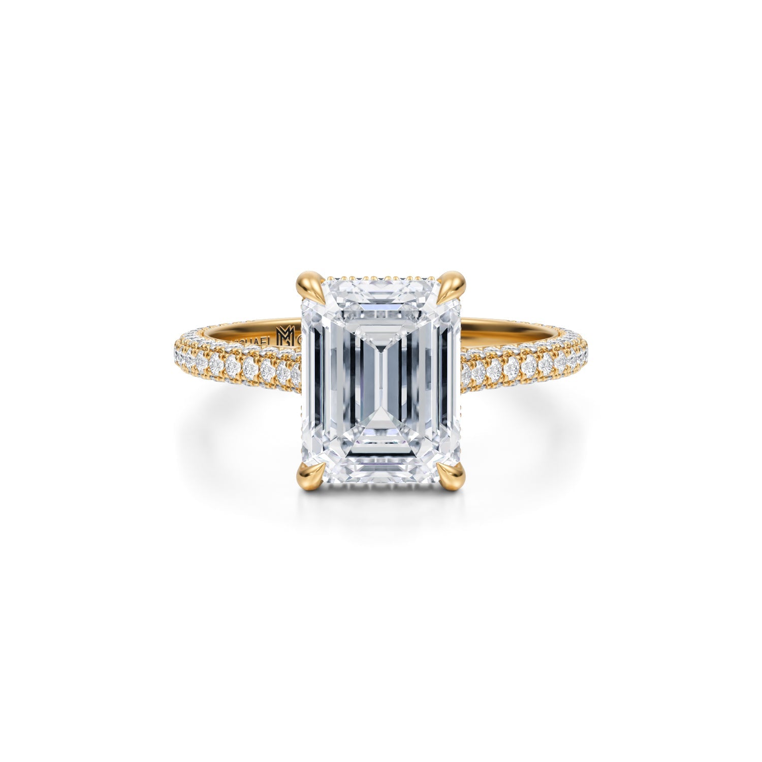 Emerald Trio Pave Cathedral Ring With Low Pave Basket (3.00 Carat E-VS1) - Michael Gabriels