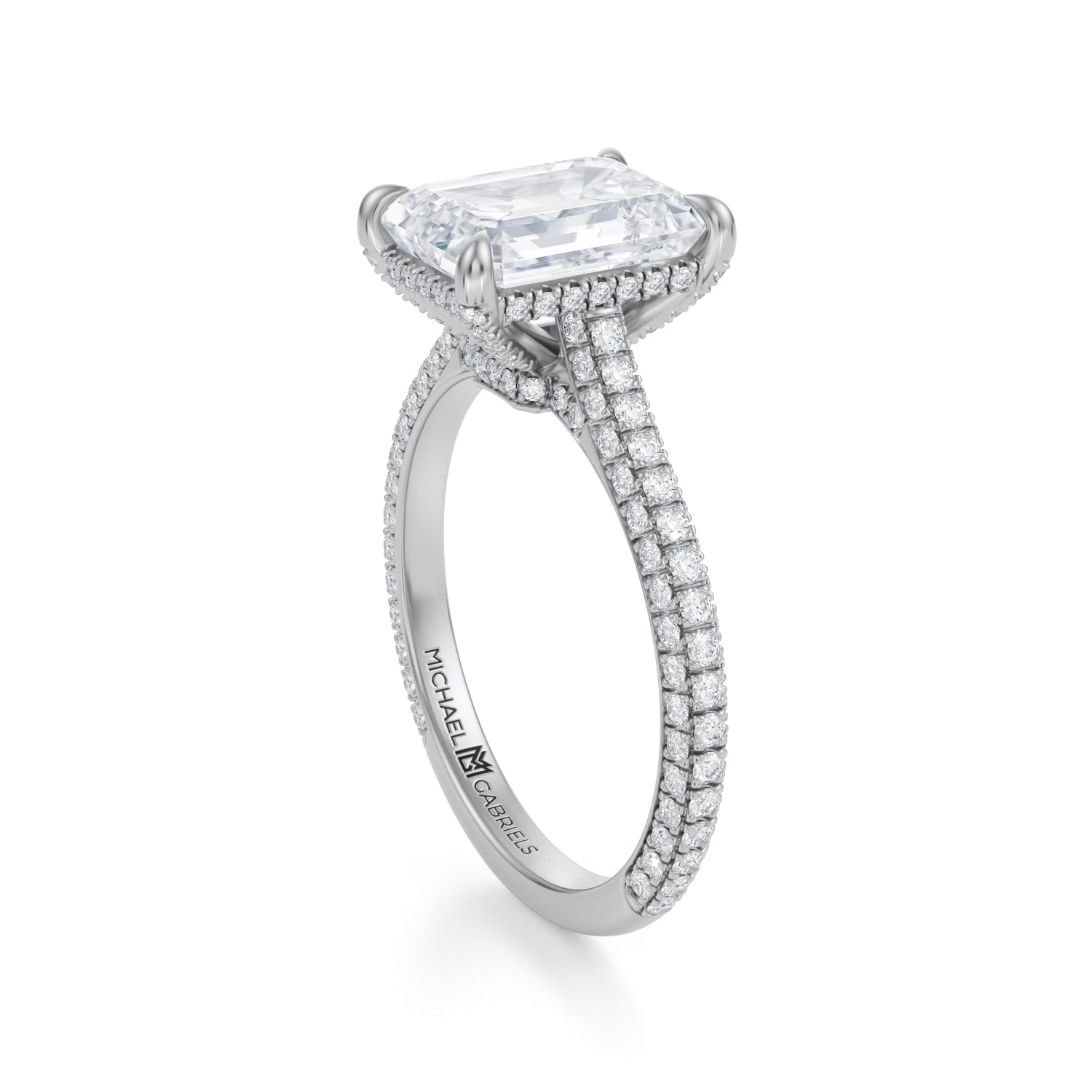 Emerald Trio Pave Cathedral Ring With Low Pave Basket (3.40 Carat D-VS1) - Michael Gabriels