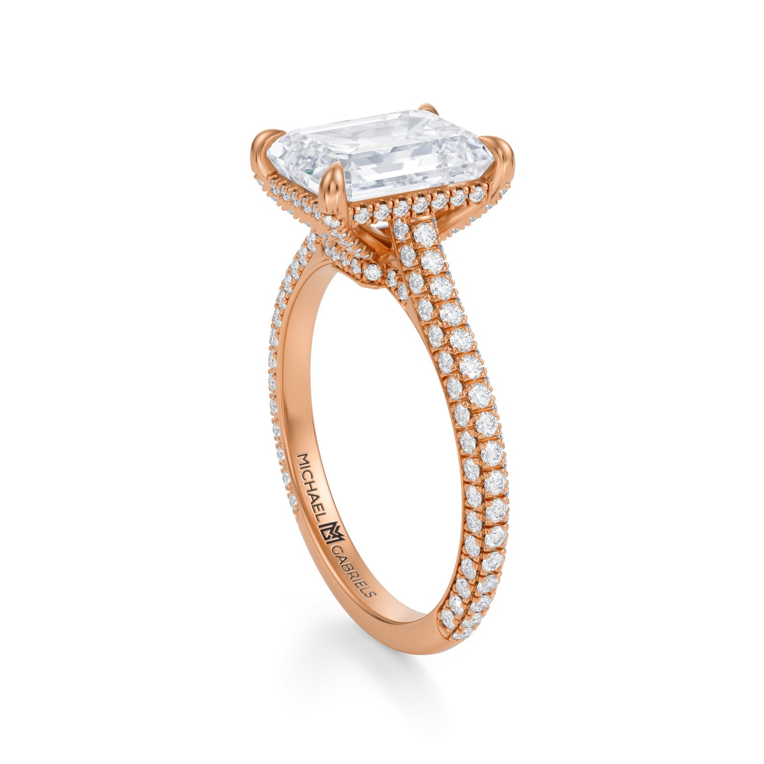 Emerald Trio Pave Cathedral Ring With Low Pave Basket (3.70 Carat G-VS1) - Michael Gabriels