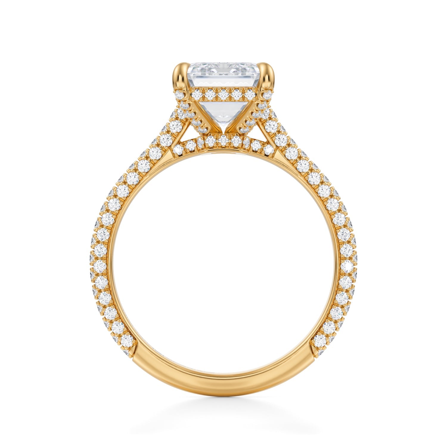 Emerald Trio Pave Cathedral Ring With Low Pave Basket (3.70 Carat G-VS1) - Michael Gabriels