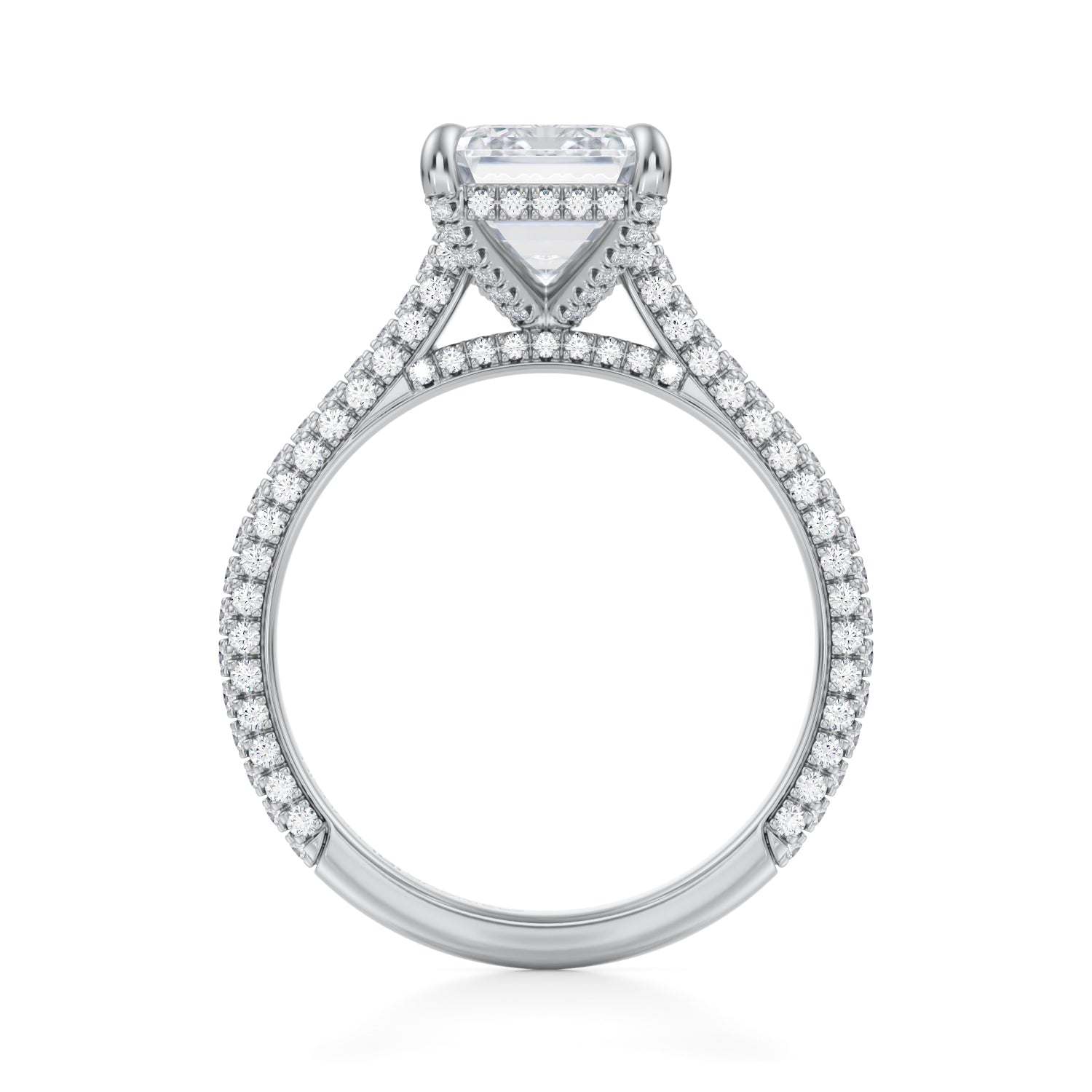 Emerald Trio Pave Cathedral Ring With Pave Basket (1.50 Carat E-VS1) - Michael Gabriels